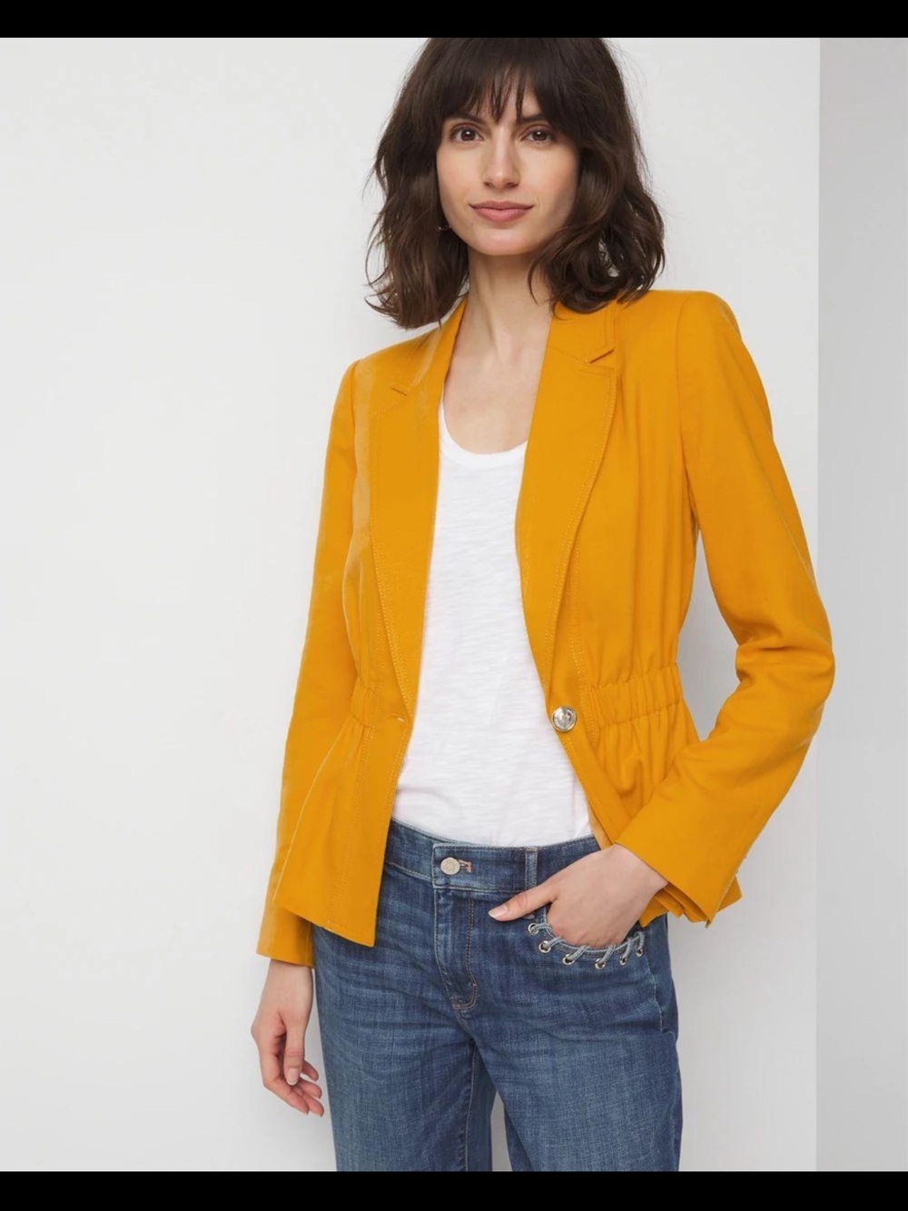 WHBM Matching Set – Mustard Ruched Blazer (NWT) + Peplum Top (NWOT) - Size 14 - Picture 2 of 10